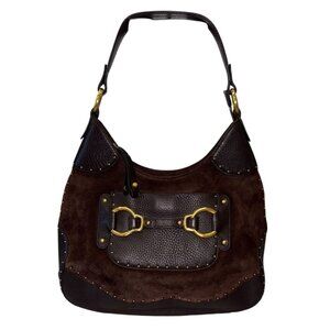 Cole Haan Stephanie Suede Hobo Bag Equestrian Chocolate Brown Goldtone Hardware